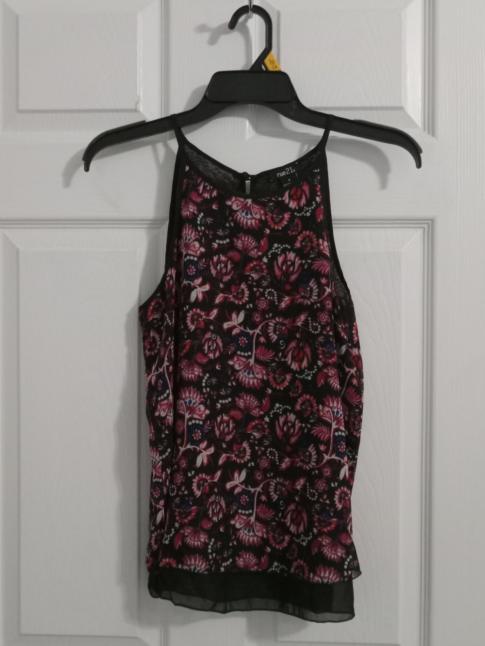 rue21 Black Floral Halter Tank with Red Accents